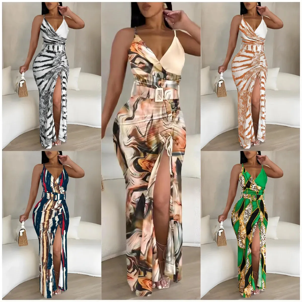 Elegant Women's Sling Bodycon Dresses 2024 Summer Sexy V Neck Striped Print High Slit Drawstring High Waist Long Dress With Belt