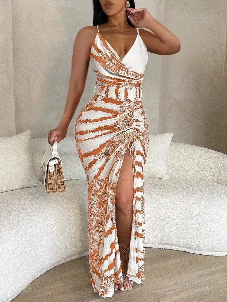 Elegant Women's Sling Bodycon Dresses 2024 Summer Sexy V Neck Striped Print High Slit Drawstring High Waist Long Dress With Belt