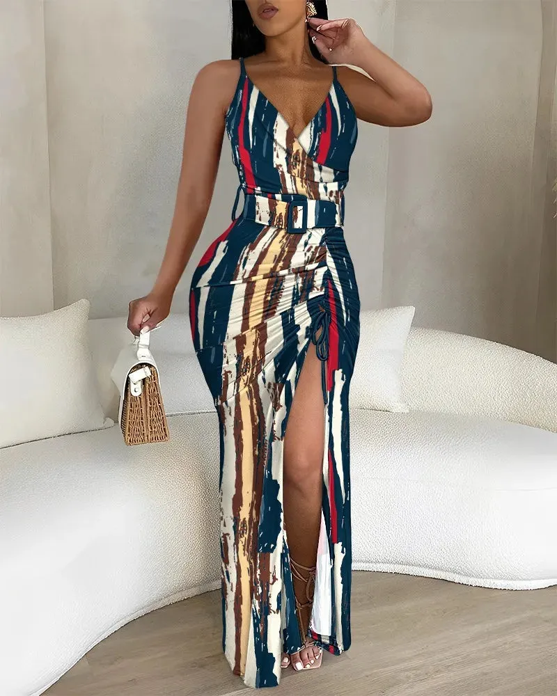 Elegant Women's Sling Bodycon Dresses 2024 Summer Sexy V Neck Striped Print High Slit Drawstring High Waist Long Dress With Belt