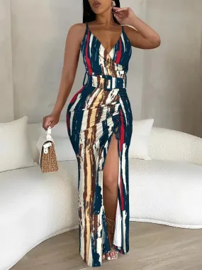 Elegant Women's Sling Bodycon Dresses 2024 Summer Sexy V Neck Striped Print High Slit Drawstring High Waist Long Dress With Belt