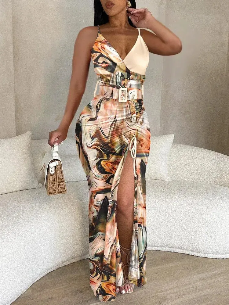 Elegant Women's Sling Bodycon Dresses 2024 Summer Sexy V Neck Striped Print High Slit Drawstring High Waist Long Dress With Belt