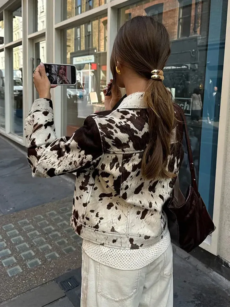 Fashion Printed Women's Leather Fur Jacket Casual Long Sleeved Loose Patch Pockets Coats High Street Commute Autumn Outerwear