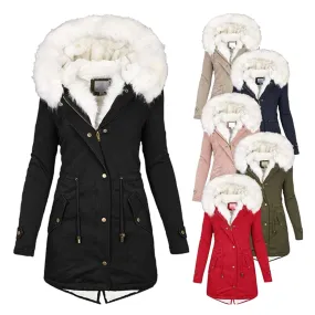 Fashion Trending Autumn and Winter Large Size Cotton Coats, Hooded Fur Collars, Thick Waist Thick Mid-length