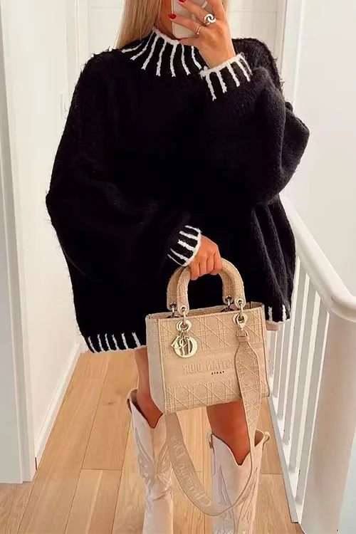 Febedress Turtleneck Drop Shoulder Color Block Pullover Sweater