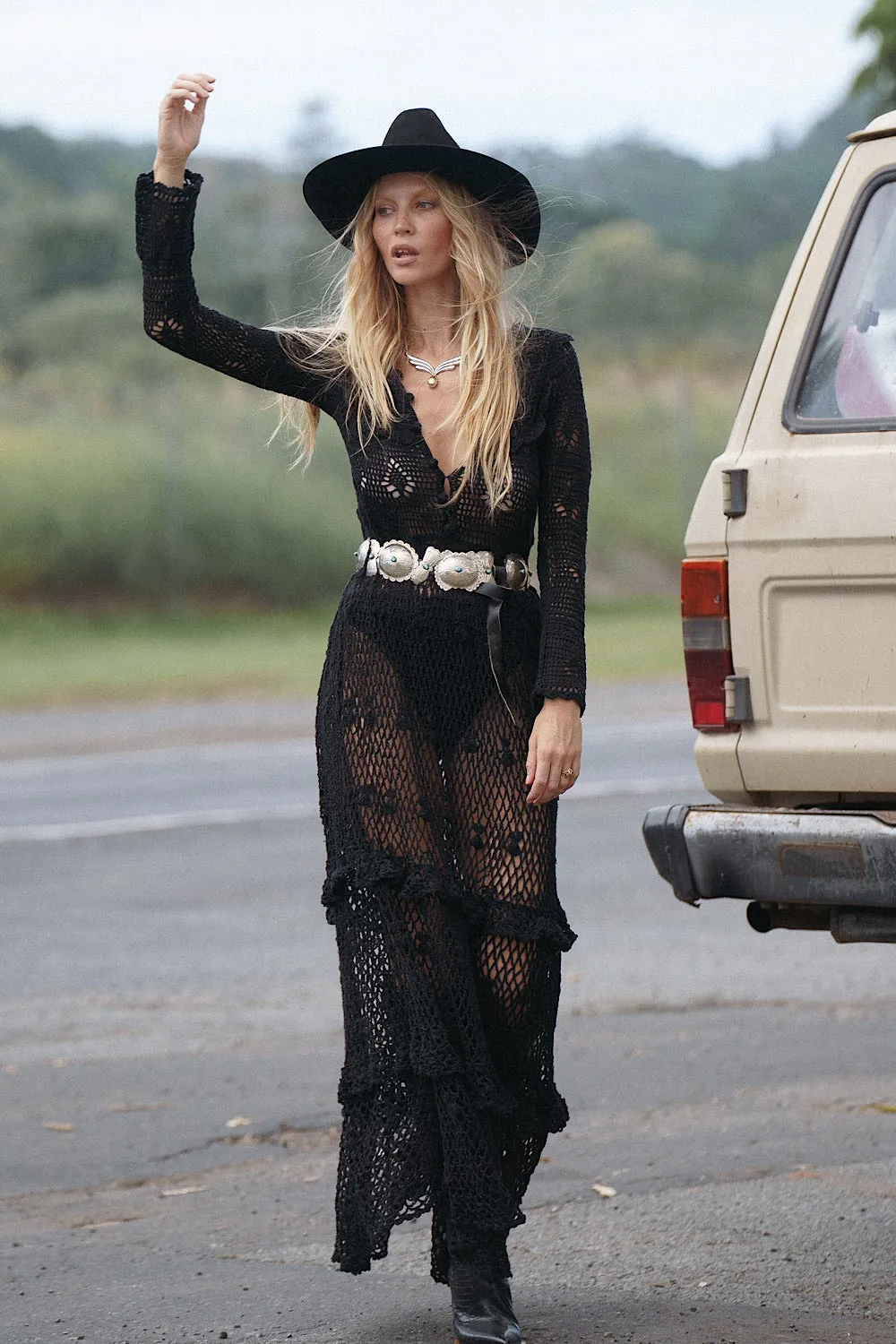 Fire On The Mountain Crochet Ruffle Maxi Dress - Black