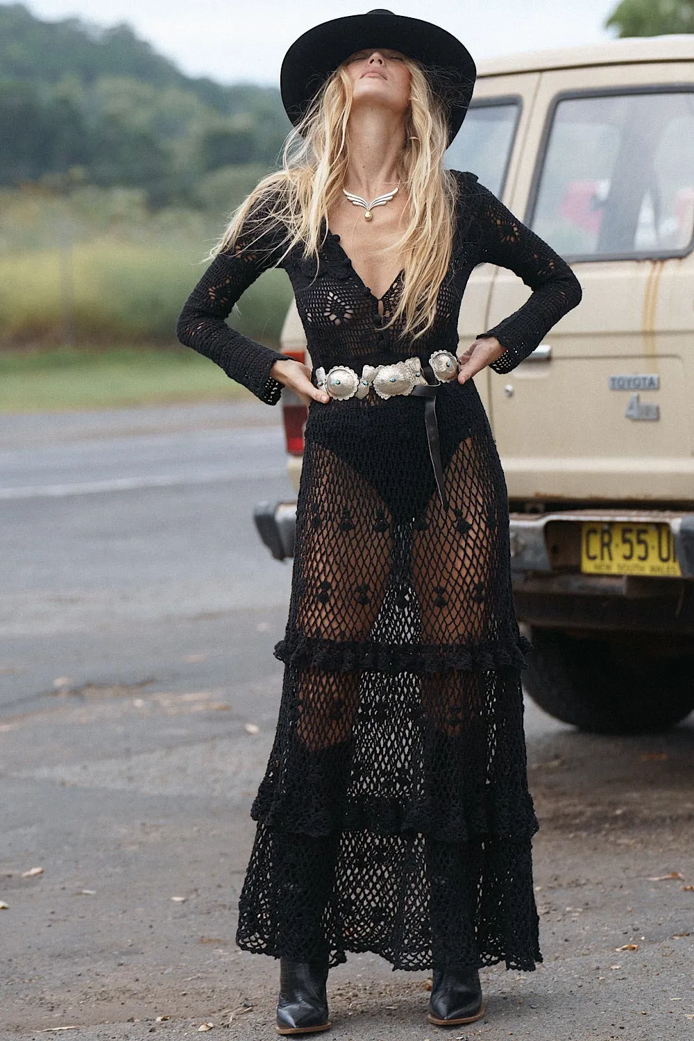 Fire On The Mountain Crochet Ruffle Maxi Dress - Black