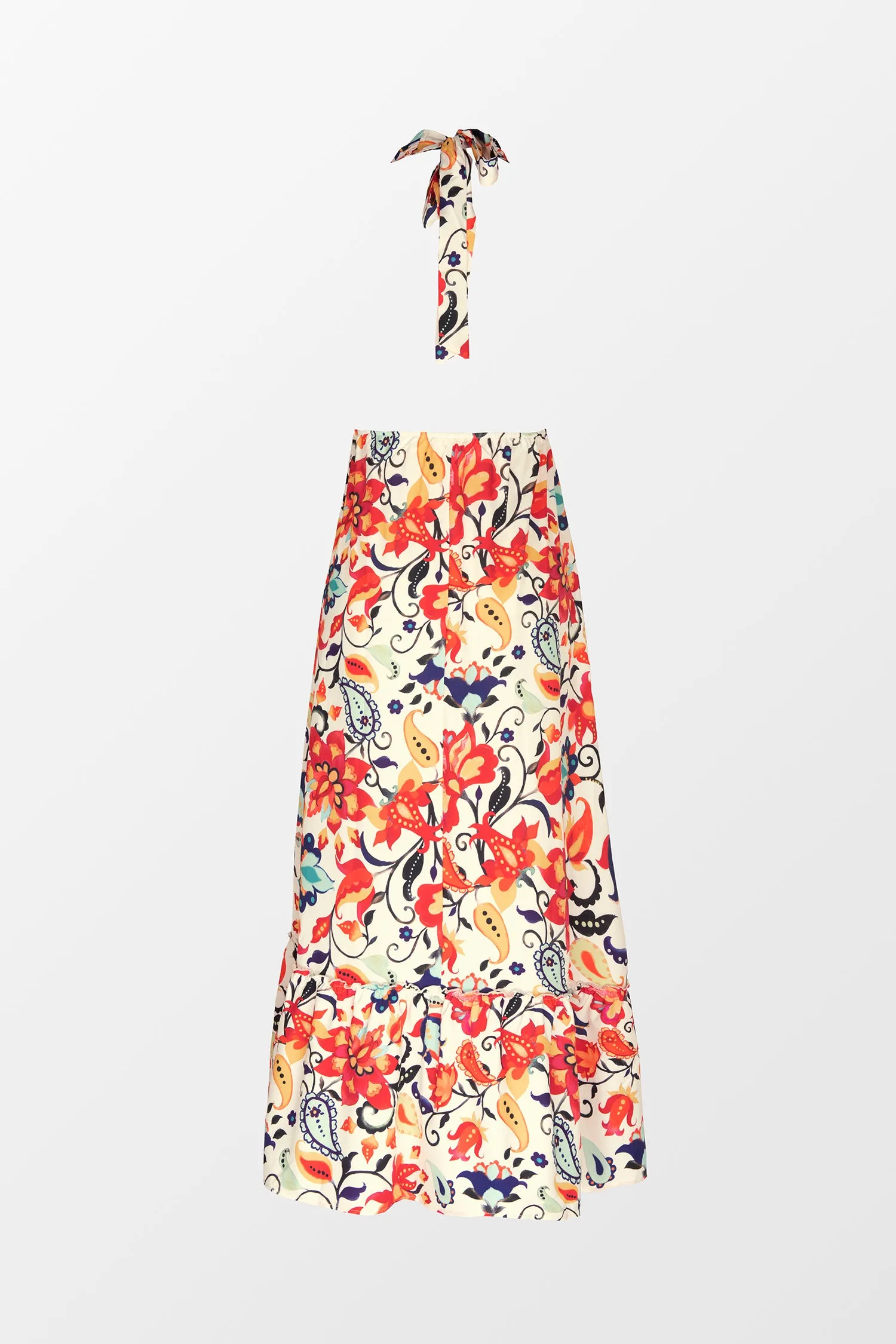 Floral Paisley Print Halter Ruffle Maxi Dress