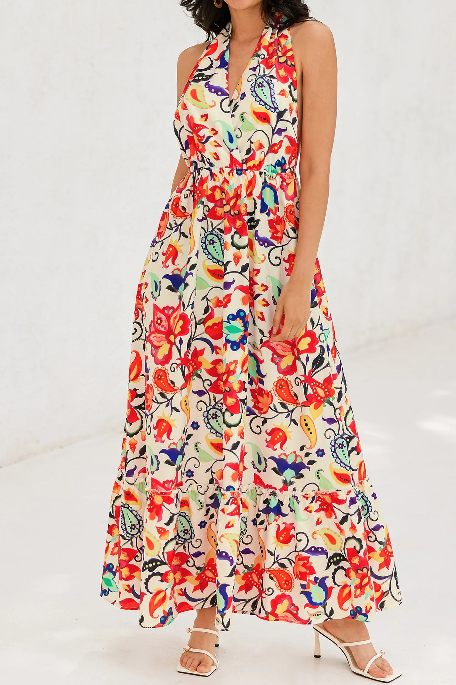 Floral Paisley Print Halter Ruffle Maxi Dress