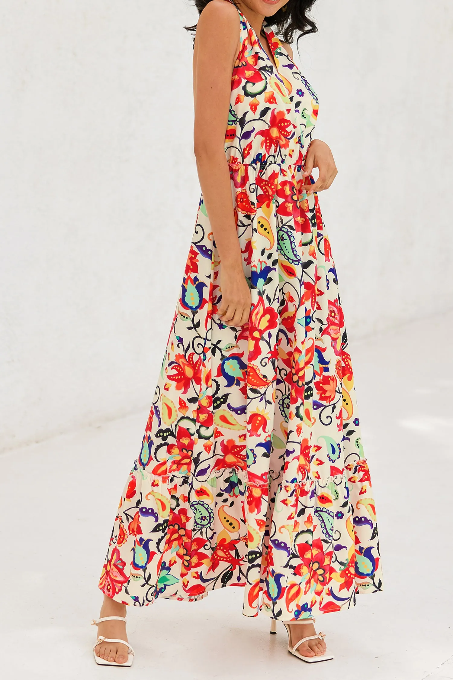 Floral Paisley Print Halter Ruffle Maxi Dress