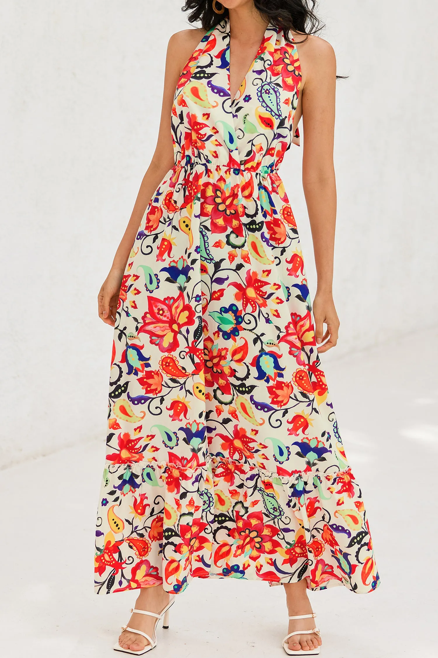 Floral Paisley Print Halter Ruffle Maxi Dress