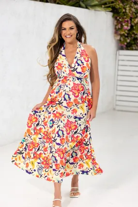 Floral Paisley Print Halter Ruffle Maxi Dress