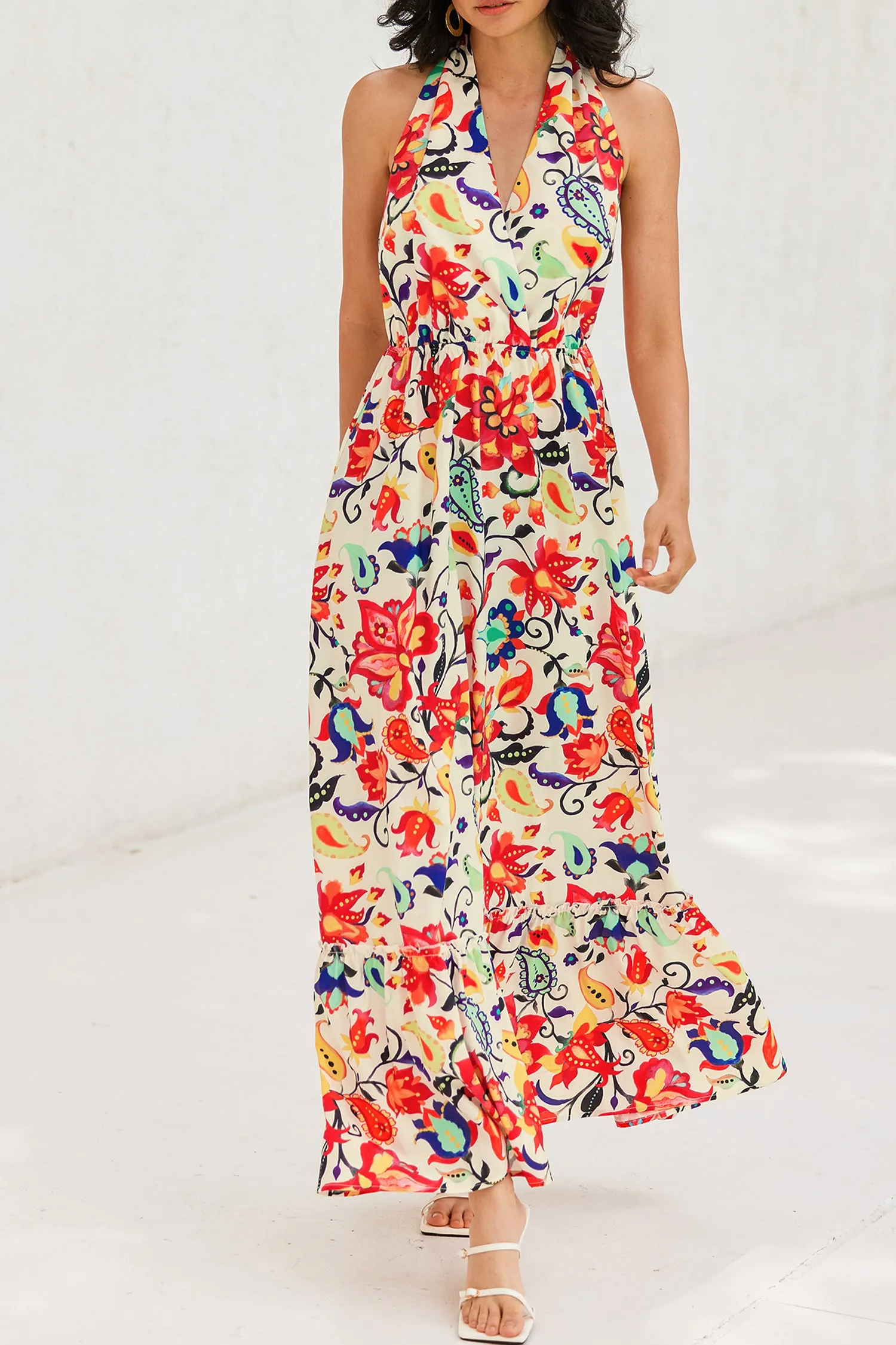 Floral Paisley Print Halter Ruffle Maxi Dress