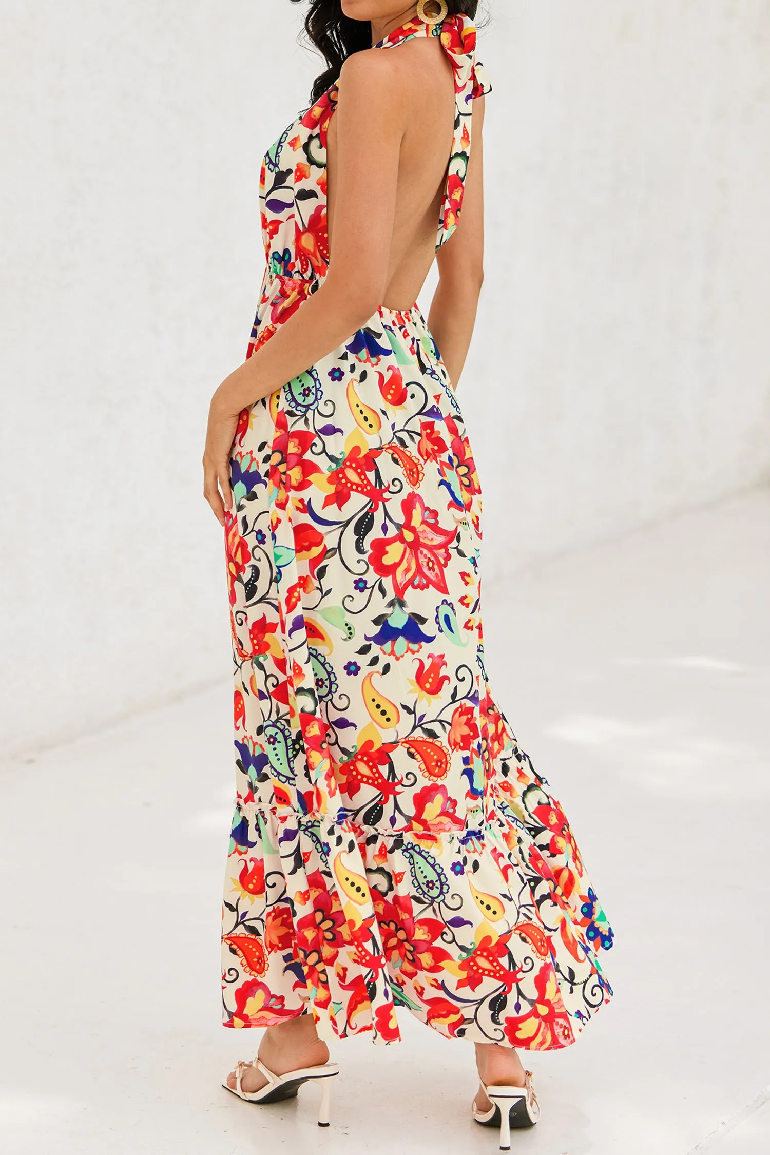 Floral Paisley Print Halter Ruffle Maxi Dress