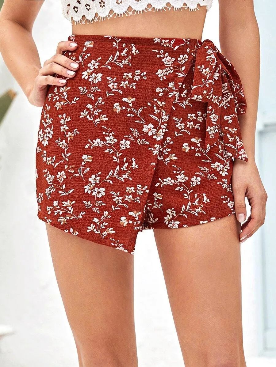 Floral Print Wrap Knot Skort