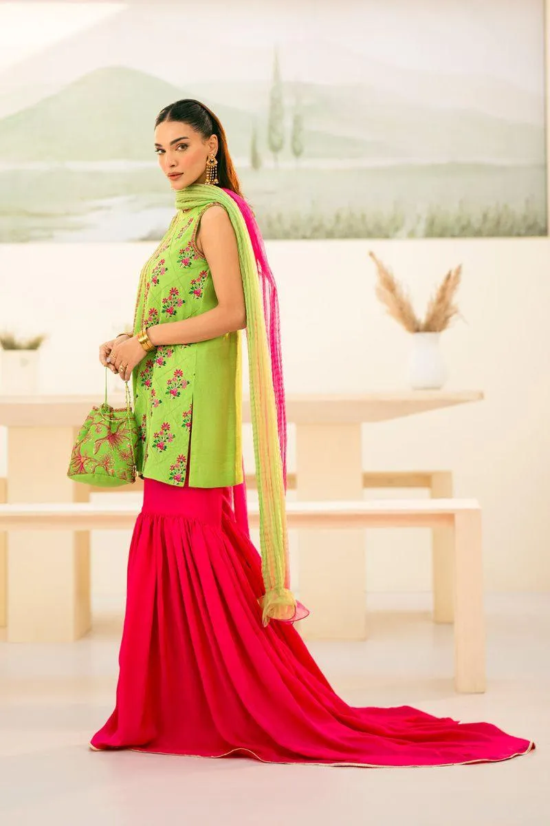 Fozia Khalid - Soraya - Parrot Green & Pink - Silk - 3 Piece