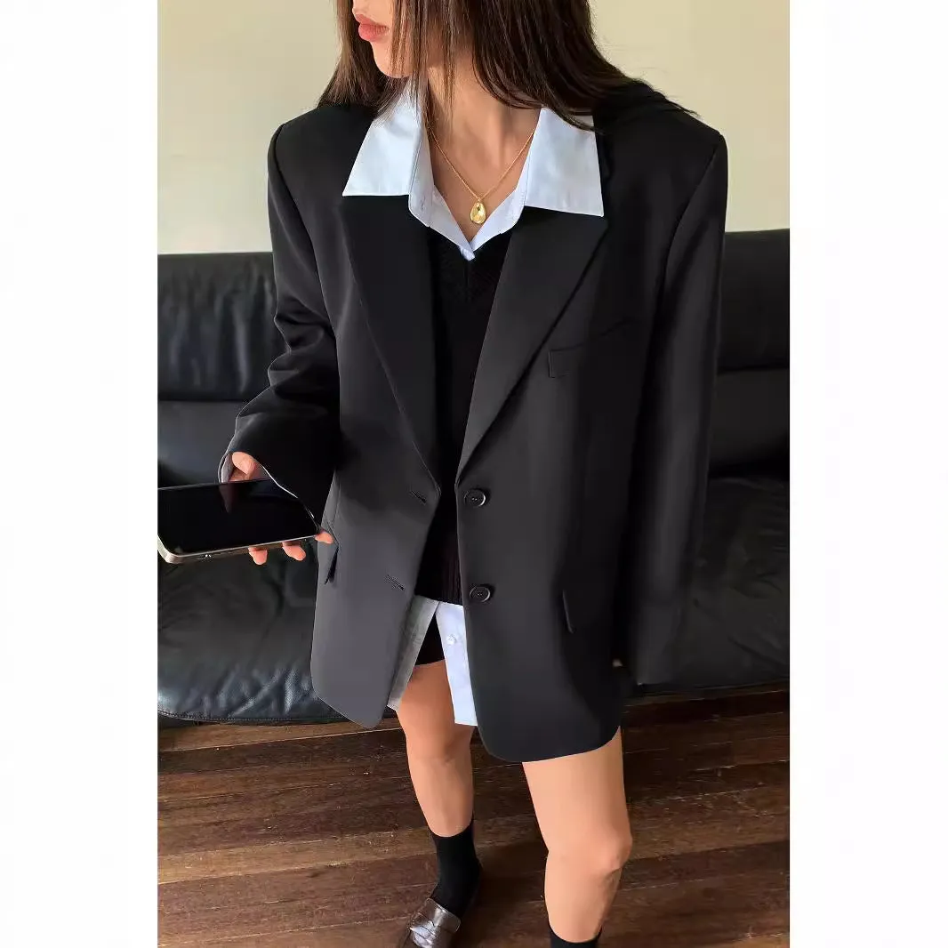 Girlary-shop black fur boots outfit Oversize Gray Suit Jacket for Women 2024 Spring and Autumn Korean Style Casual Small Loose Suit