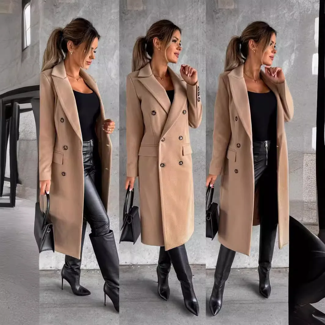 Girlary-shop fall outfits 2024 Autumn and Winter Simple Long Sleeve Double Breasted Woolen Coat Women's Clothing