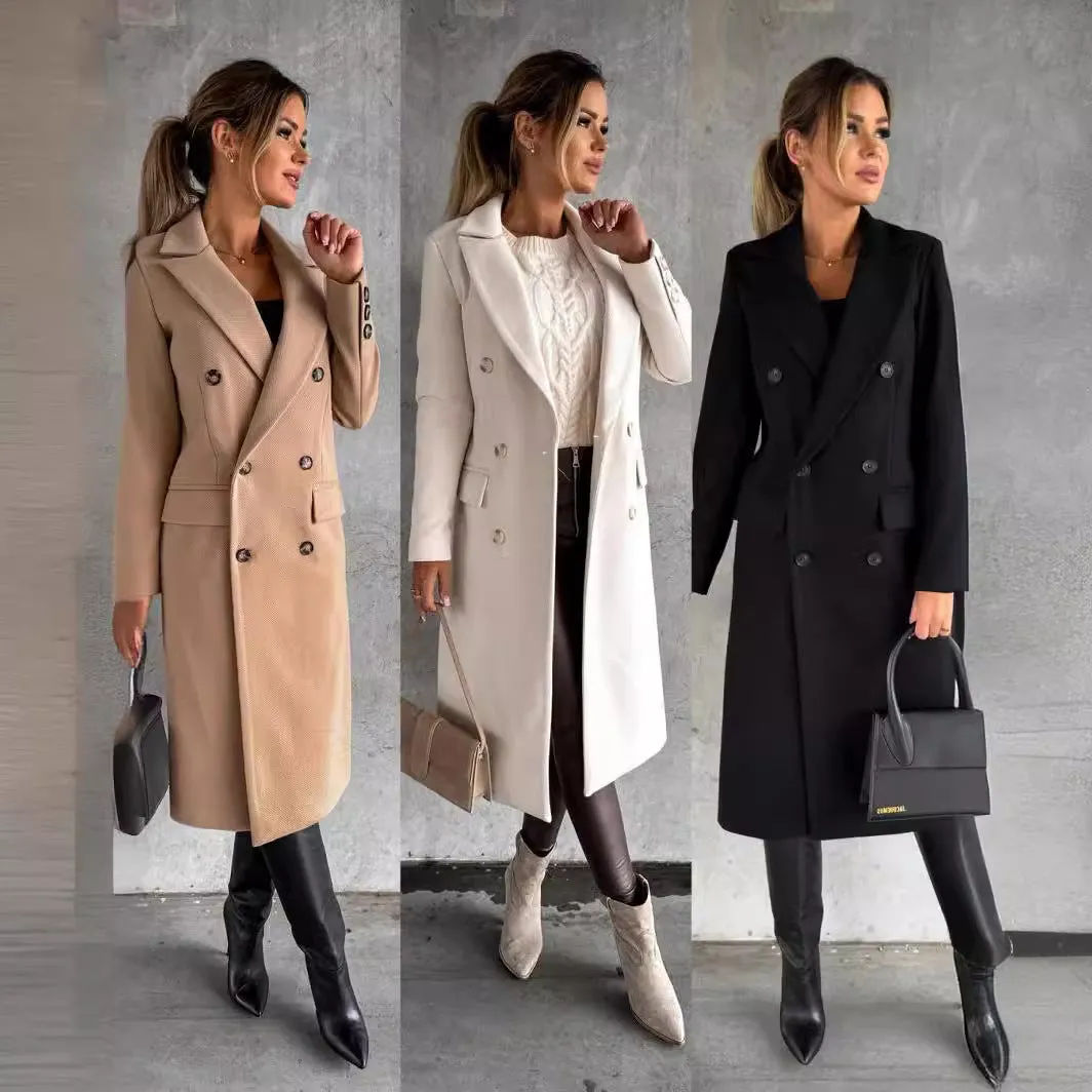 Girlary-shop fall outfits 2024 Autumn and Winter Simple Long Sleeve Double Breasted Woolen Coat Women's Clothing