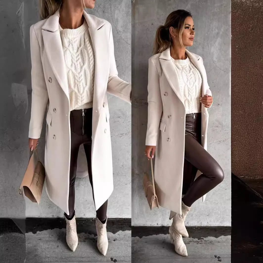 Girlary-shop fall outfits 2024 Autumn and Winter Simple Long Sleeve Double Breasted Woolen Coat Women's Clothing