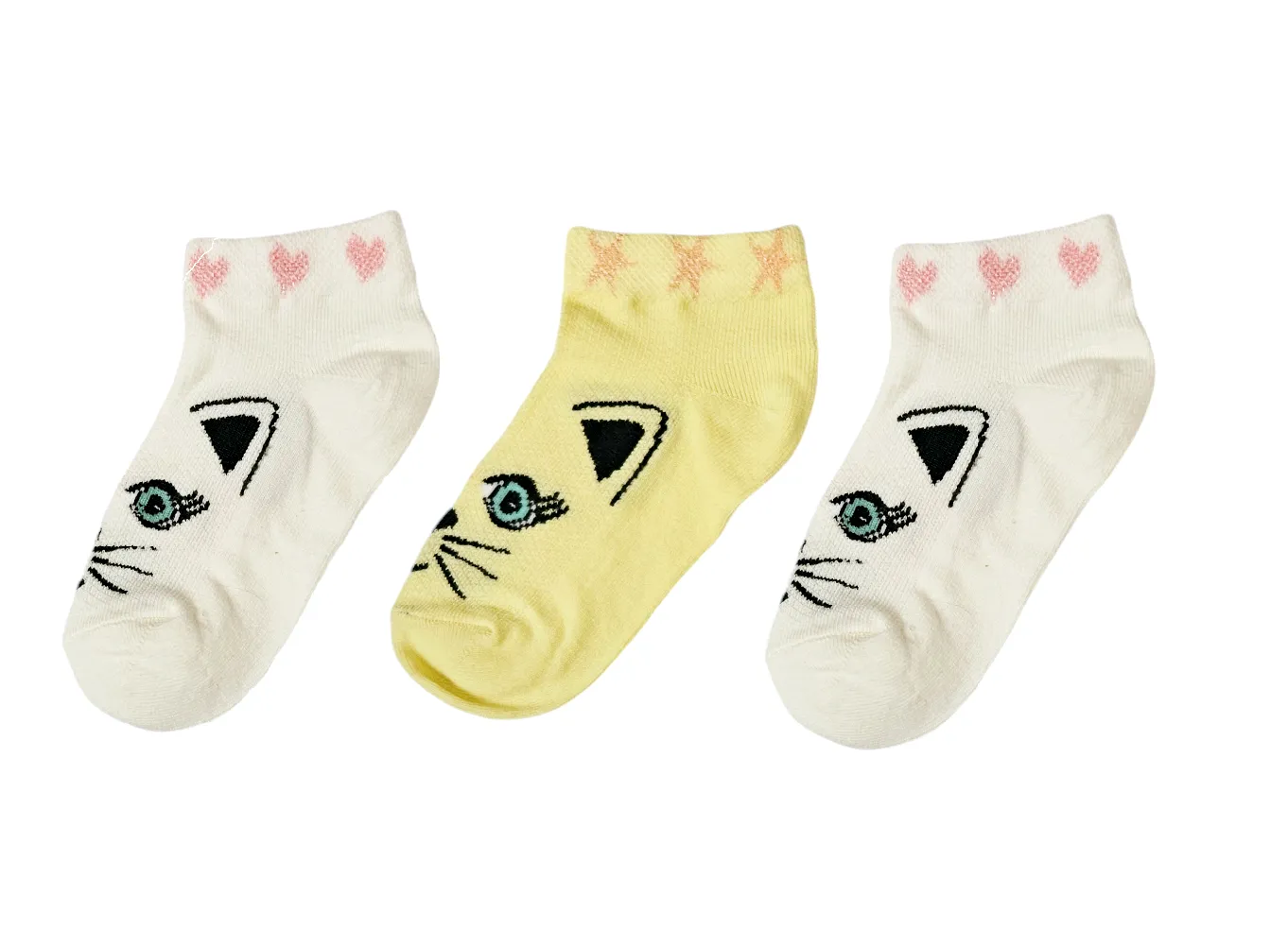 Girls Trainer Socks Cat White Yellow 3Pk (2-3yrs)