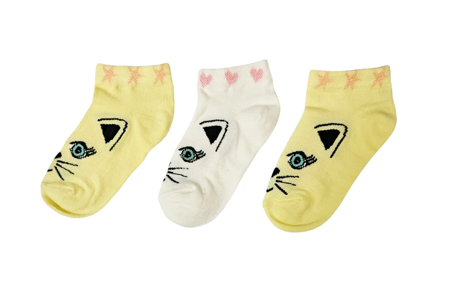 Girls Trainer Socks Cat Yellow White 3Pk (2-3yrs)