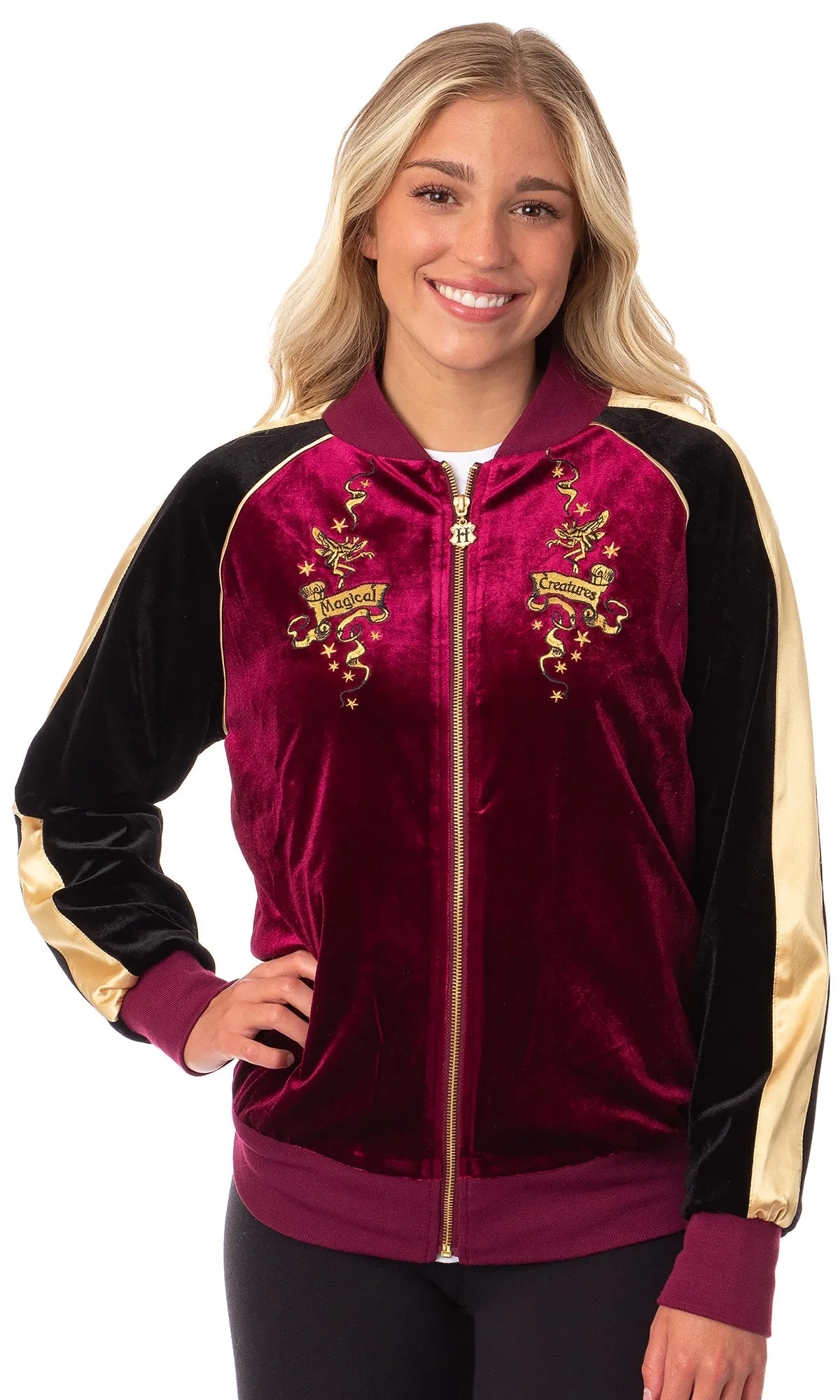 Harry Potter Womens' Magical Creatures Bomber Velour Zip-Up Jacket