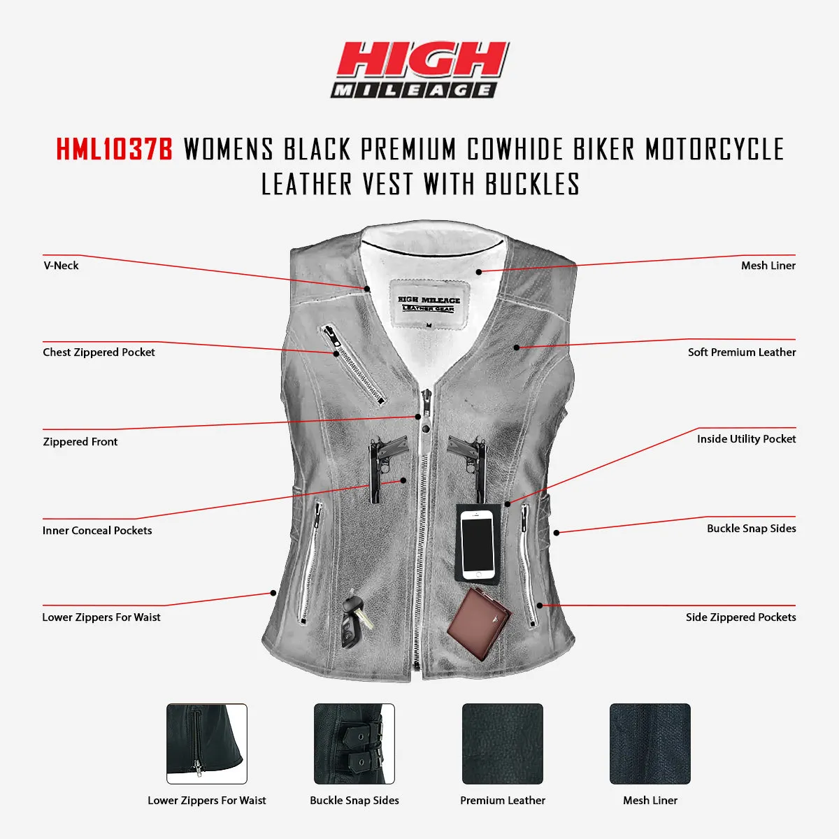 HML1037B Ladies Black Vest with Buckles