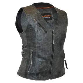 HML1037DG Ladies Distressed Gray Premium Leather Concealed Carry Motorcycle Vest