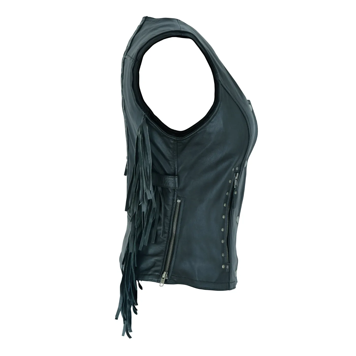 HML1104B Ladies Premium Black Vest with Fringes and Rivets