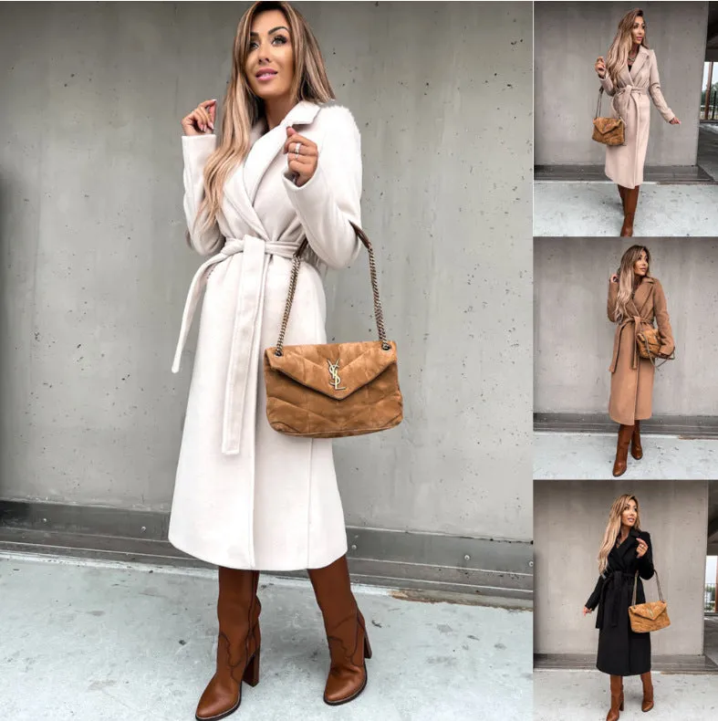 Hnzxzm trending fall outfits 2024 Spring and Autumn Woolen Coat Simple Fashion V-neck Lace-up Long Coat for Women