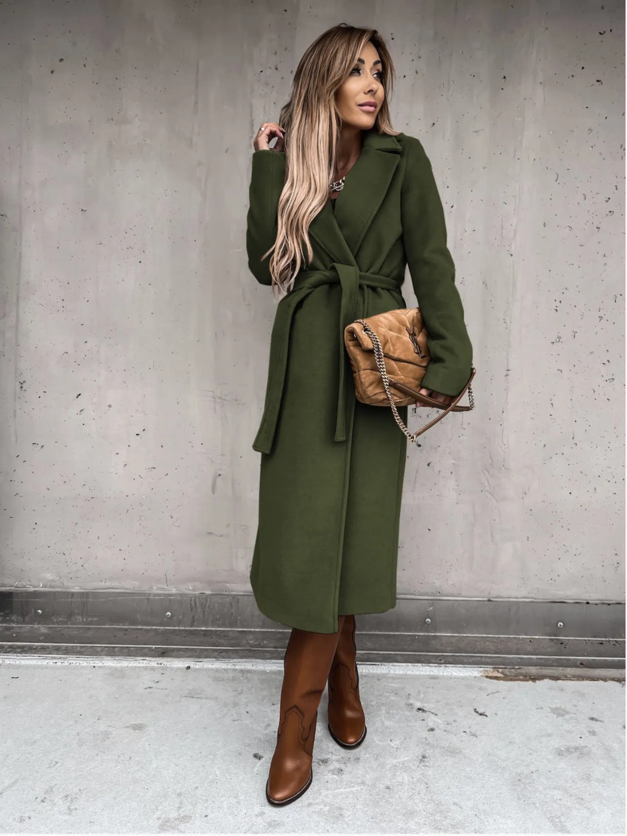 Hnzxzm trending fall outfits 2024 Spring and Autumn Woolen Coat Simple Fashion V-neck Lace-up Long Coat for Women