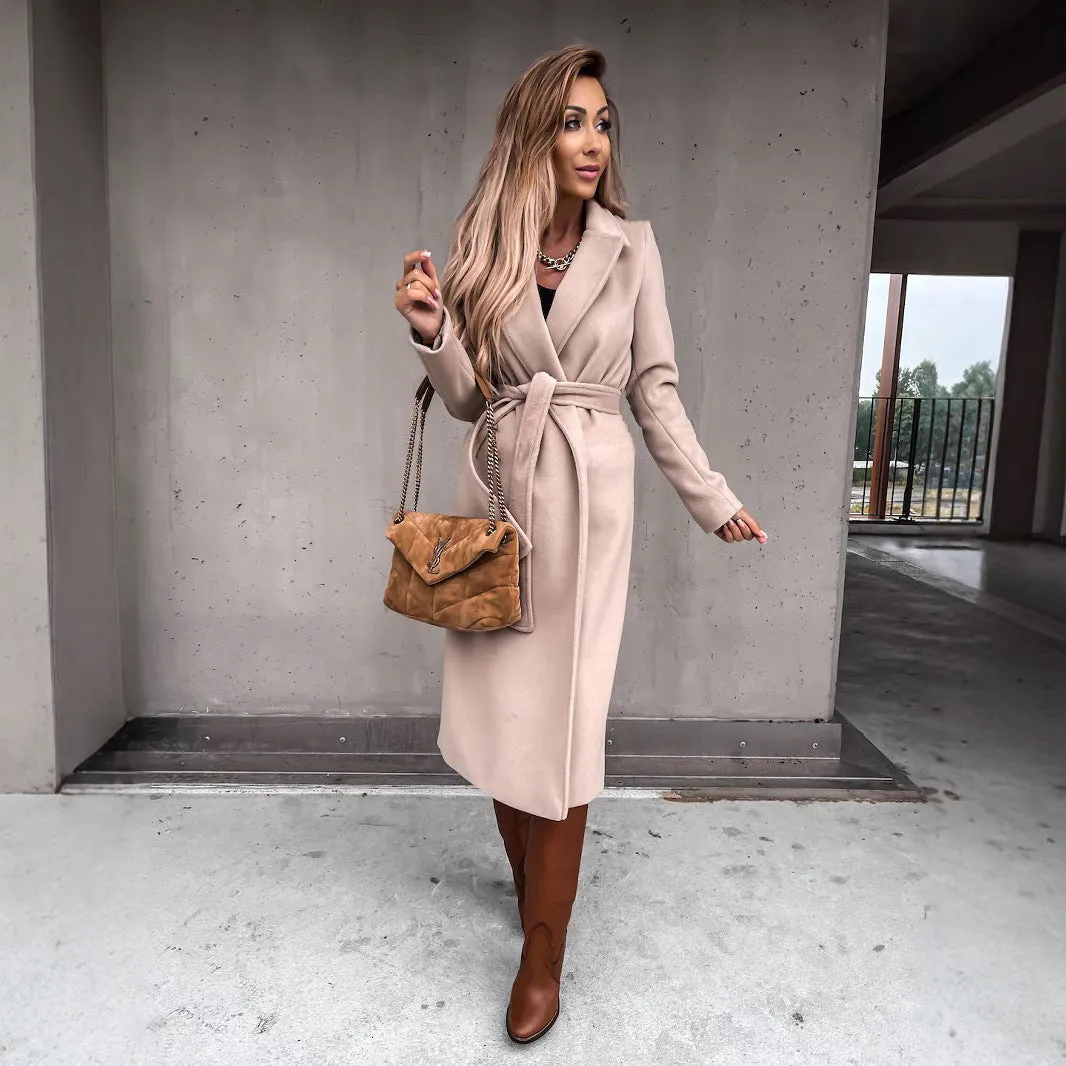 Hnzxzm trending fall outfits 2024 Spring and Autumn Woolen Coat Simple Fashion V-neck Lace-up Long Coat for Women