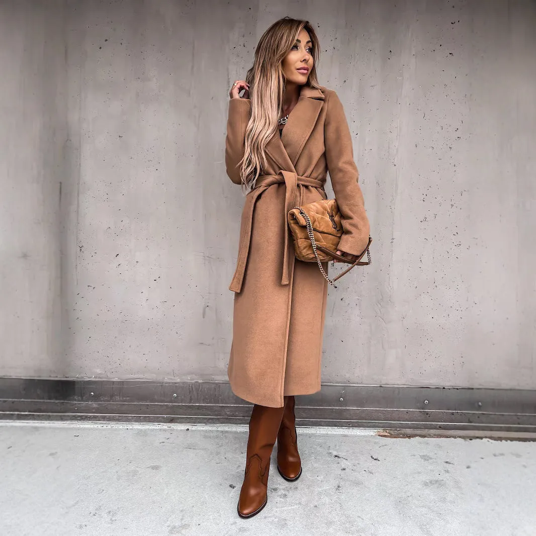 Hnzxzm trending fall outfits 2024 Spring and Autumn Woolen Coat Simple Fashion V-neck Lace-up Long Coat for Women