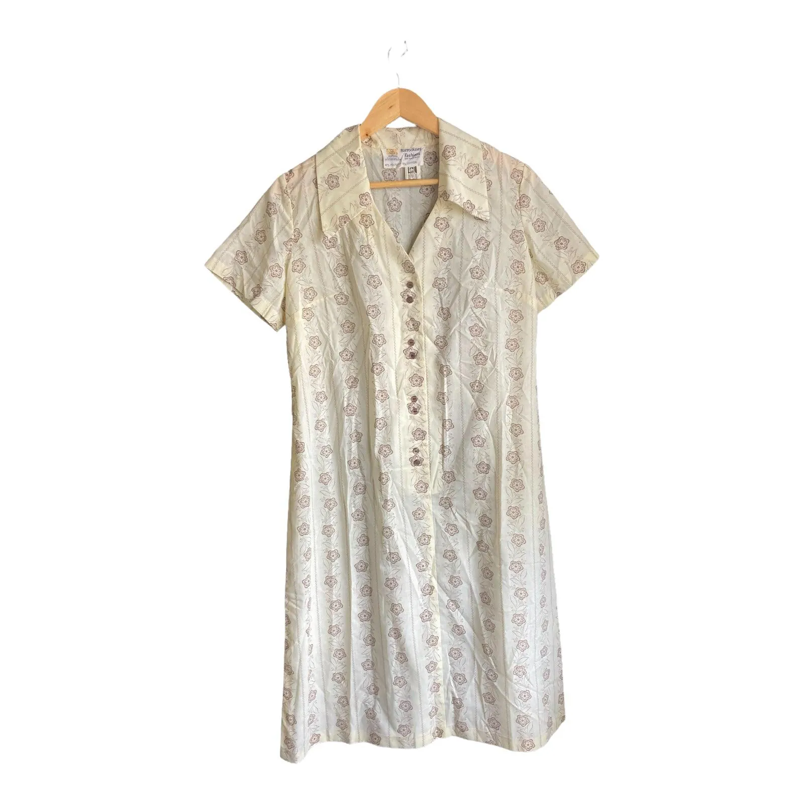 Horrockses Cream And Brown Patterned Short Sleeved Dress UK Size 18