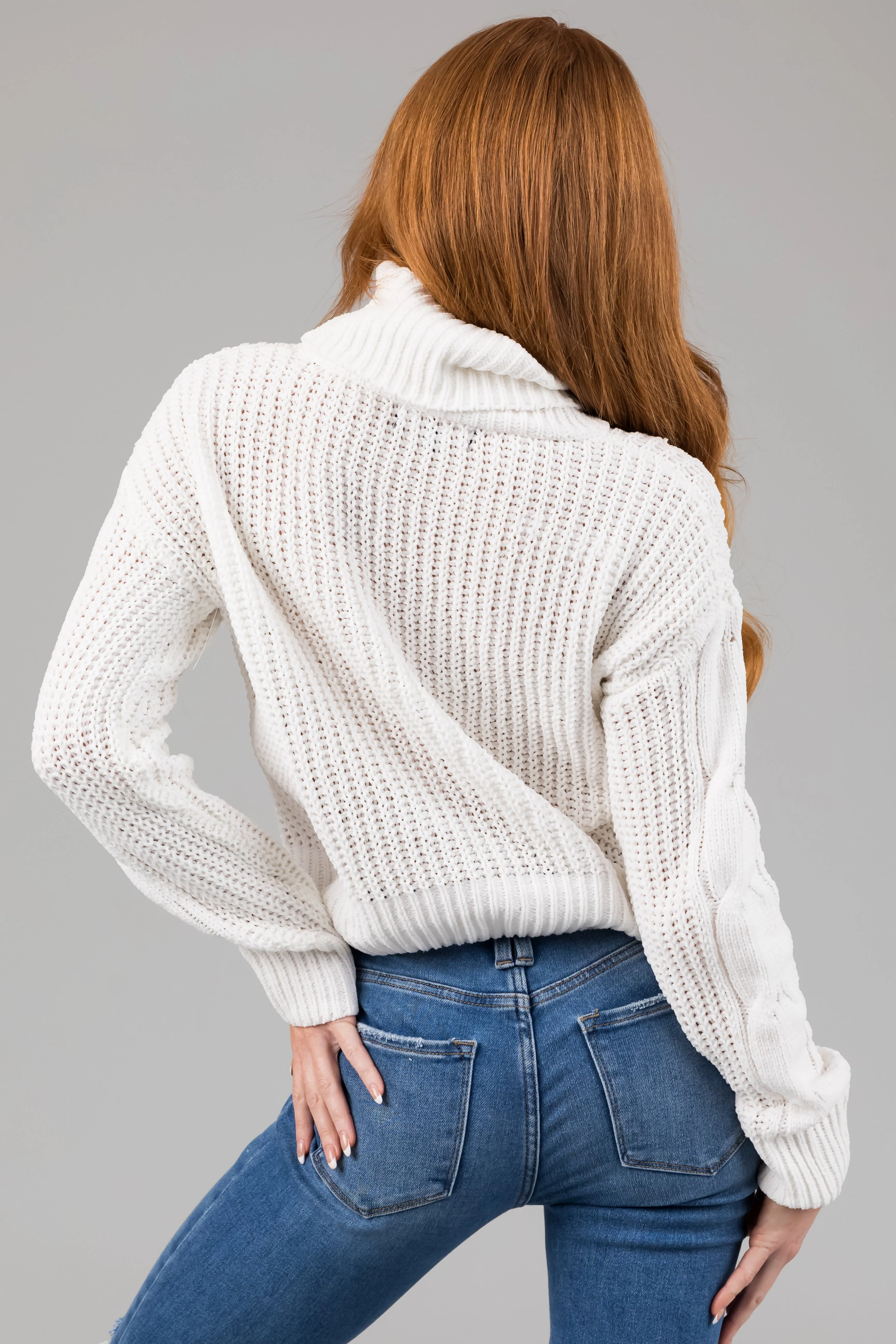 Ivory Turtleneck Cable Knit Chenille Sweater