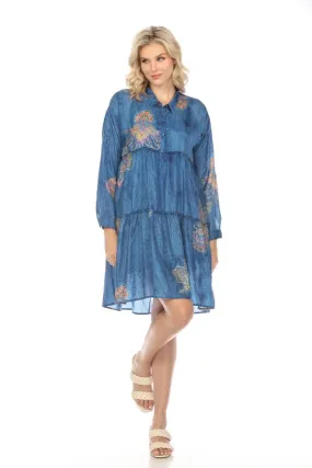 Johnny Was Biya Blue Sascha Silk Tiered Shirt Dress Boho Chic B31524