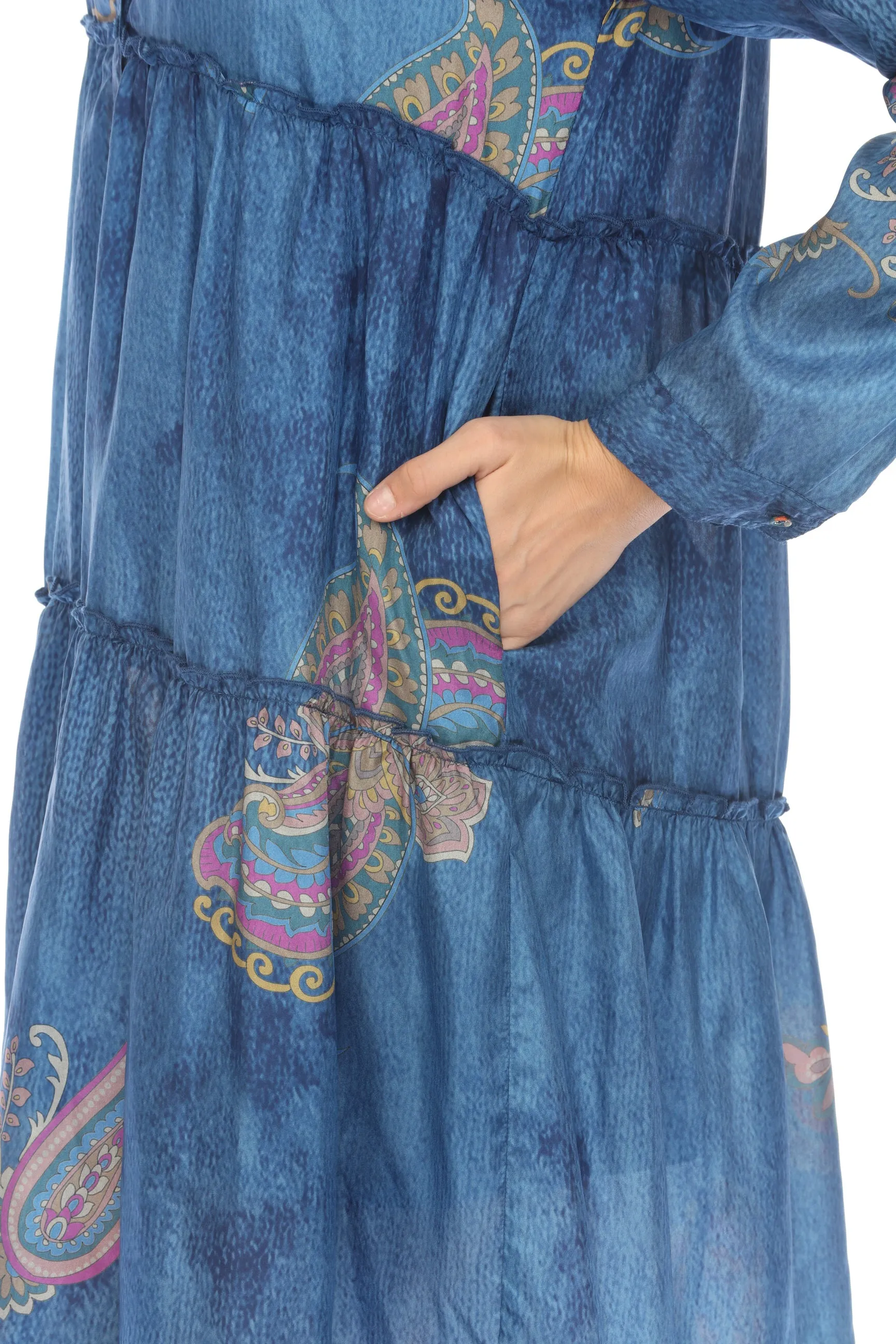 Johnny Was Biya Blue Sascha Silk Tiered Shirt Dress Boho Chic B31524