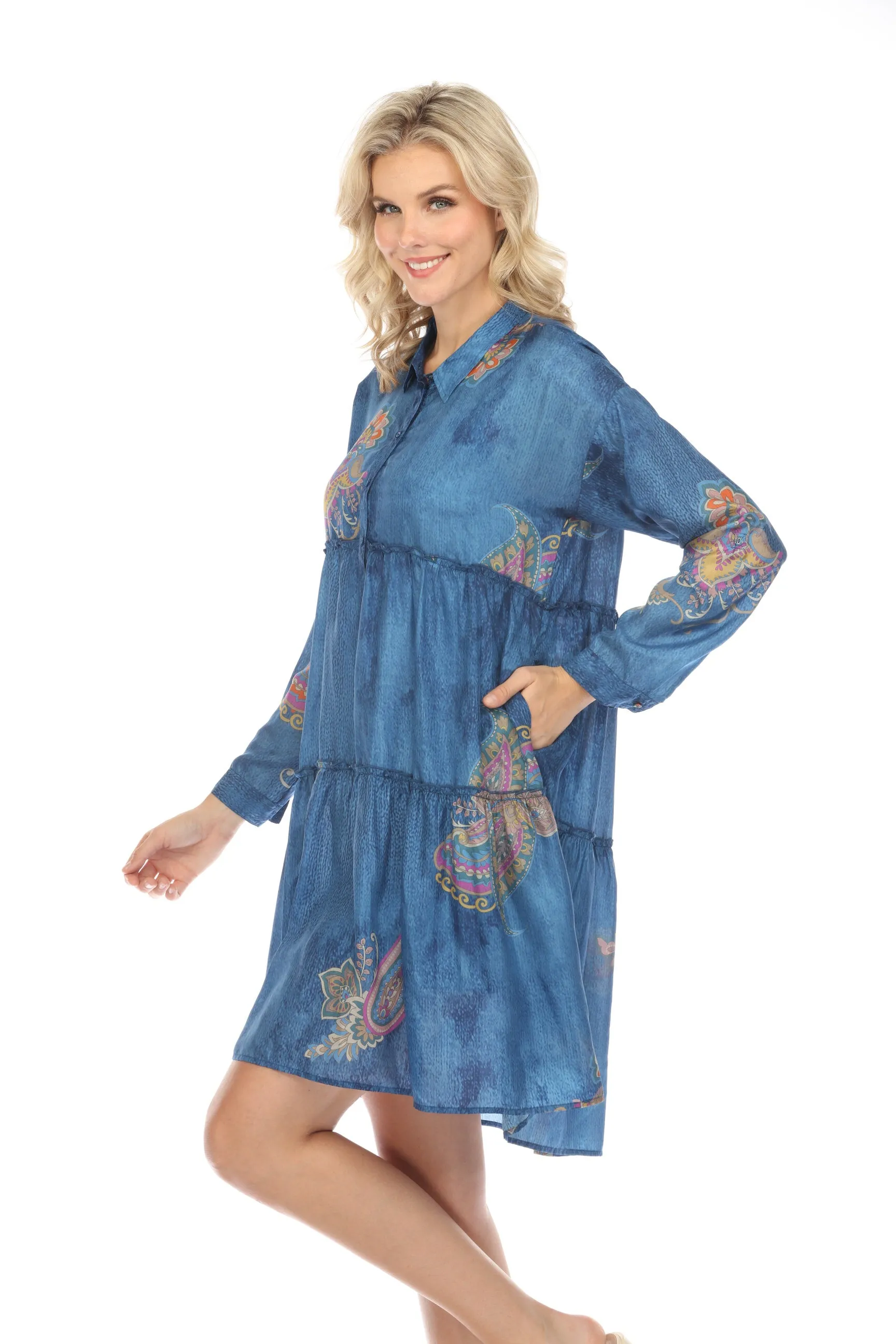 Johnny Was Biya Blue Sascha Silk Tiered Shirt Dress Boho Chic B31524