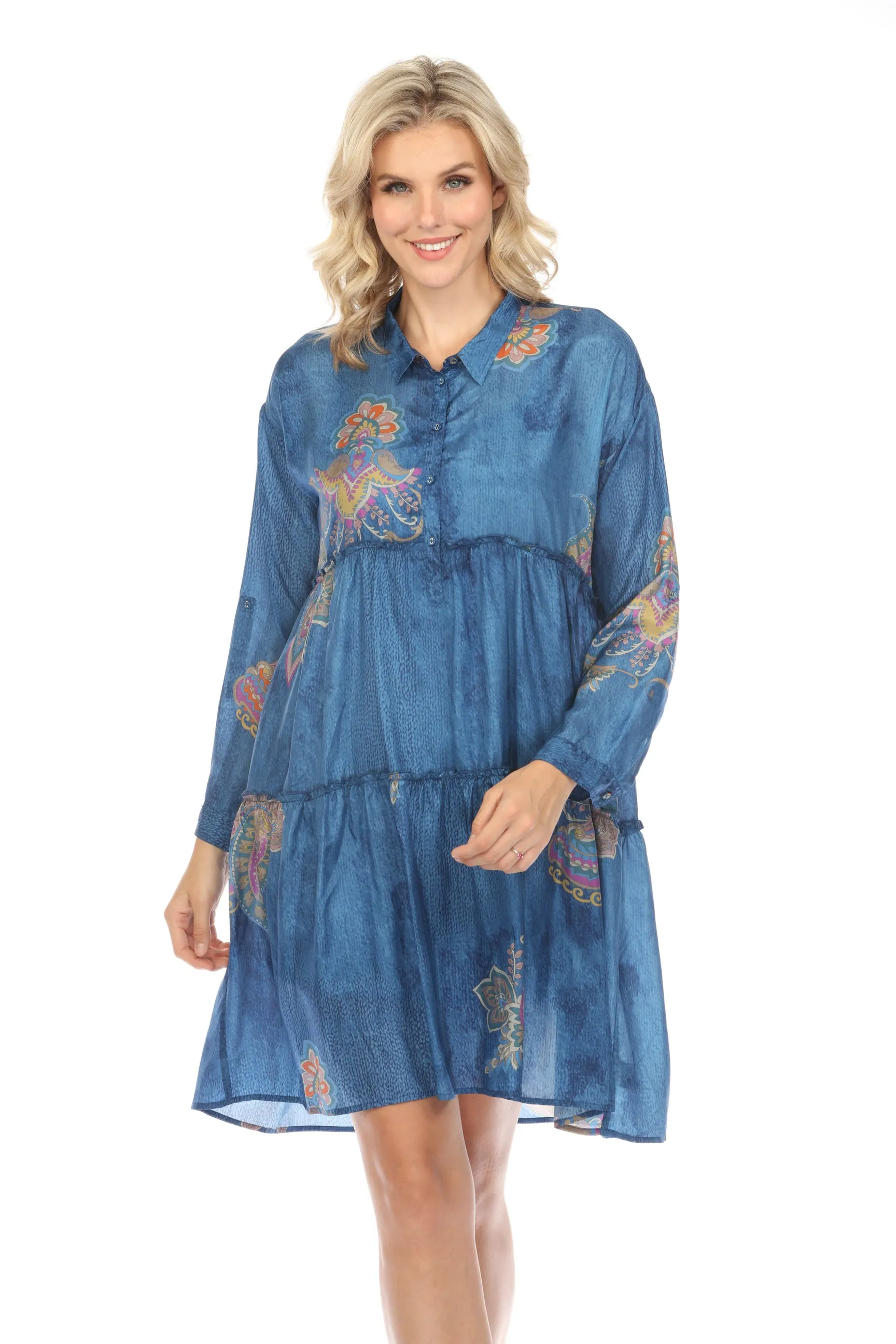 Johnny Was Biya Blue Sascha Silk Tiered Shirt Dress Boho Chic B31524