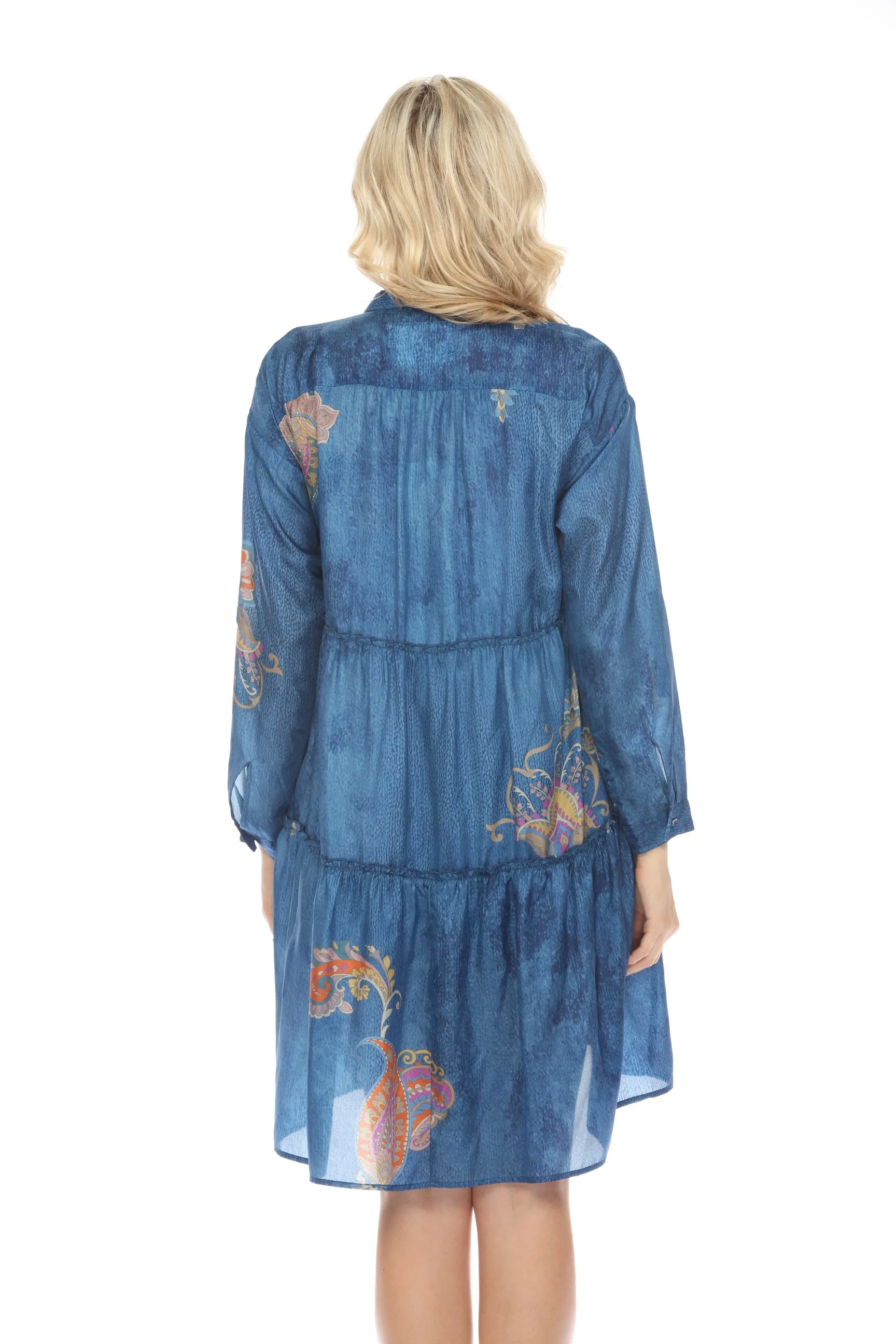 Johnny Was Biya Blue Sascha Silk Tiered Shirt Dress Boho Chic B31524