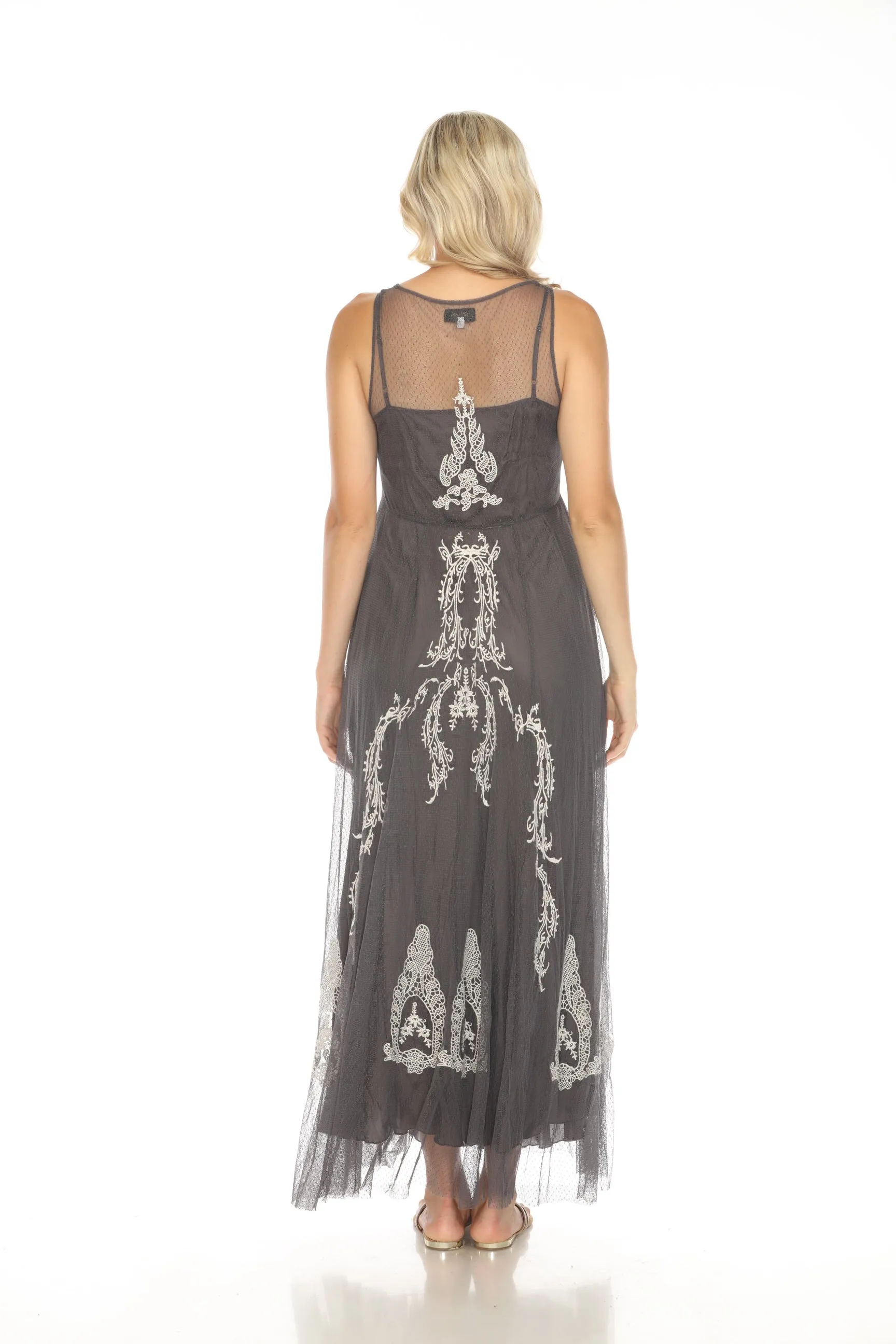 Johnny Was Biya Grey Driftwood Mesh Embroidered Maxi Dress 8887 Boho Chic