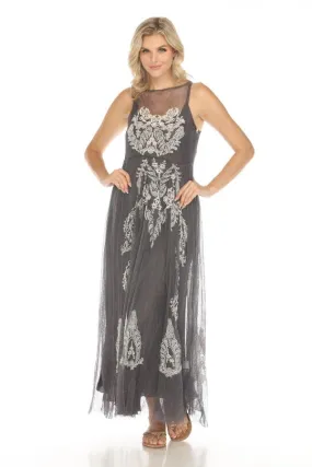 Johnny Was Biya Grey Driftwood Mesh Embroidered Maxi Dress 8887 Boho Chic