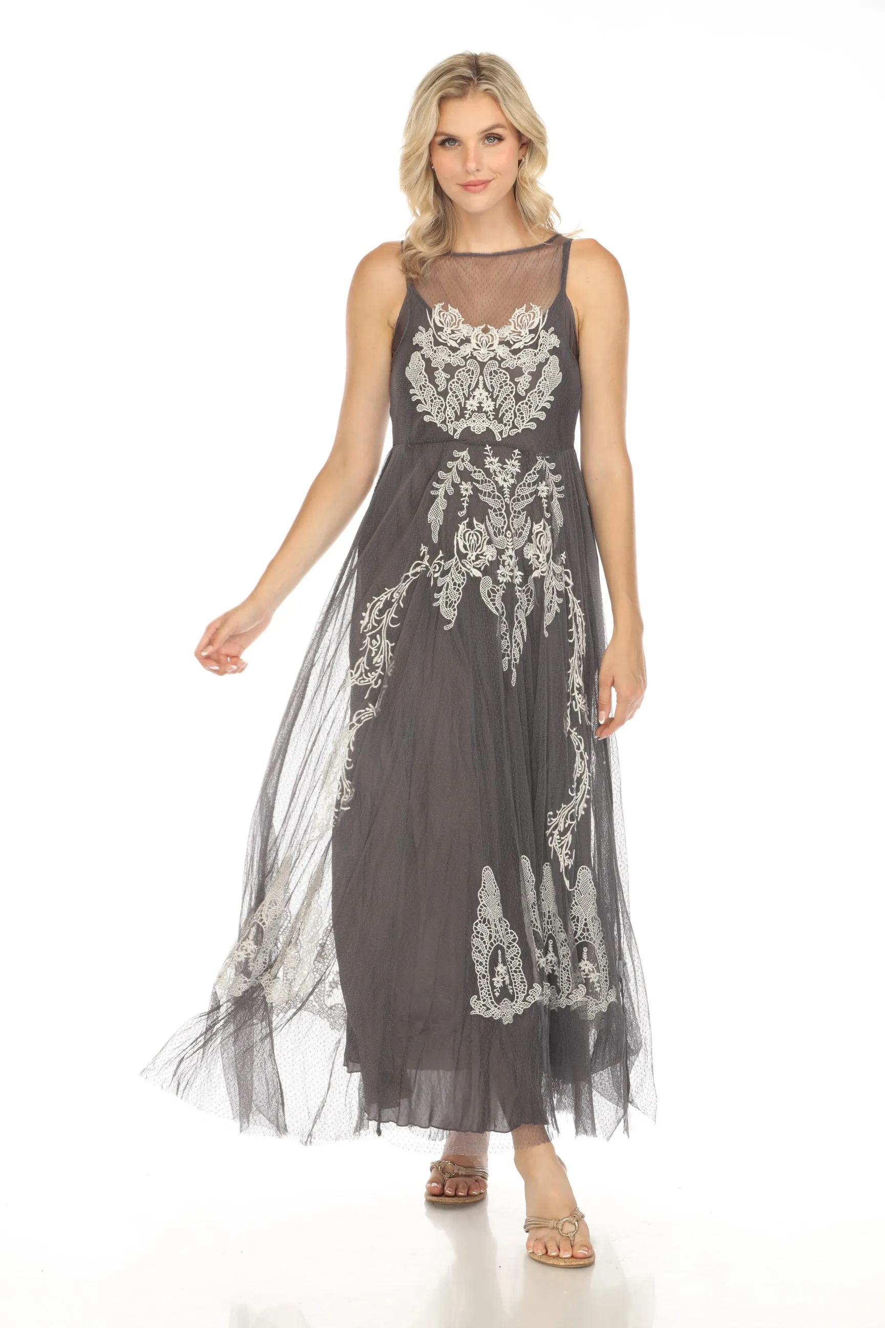 Johnny Was Biya Grey Driftwood Mesh Embroidered Maxi Dress 8887 Boho Chic