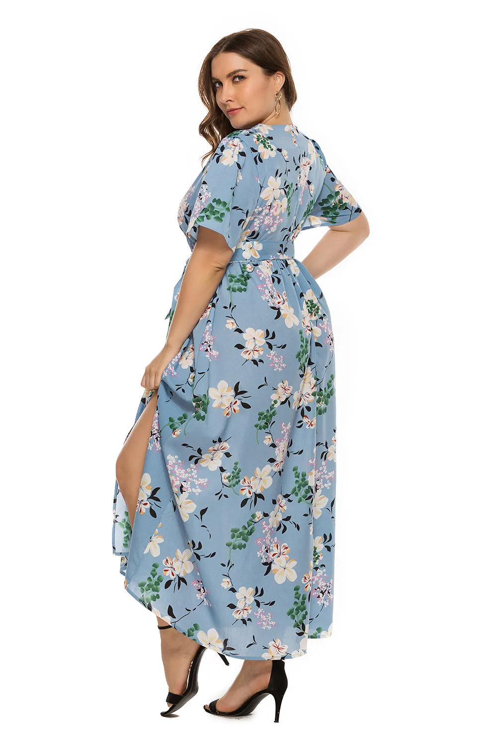 KittenAlarm - Plus size Bohemian V-neck split short sleeve dress