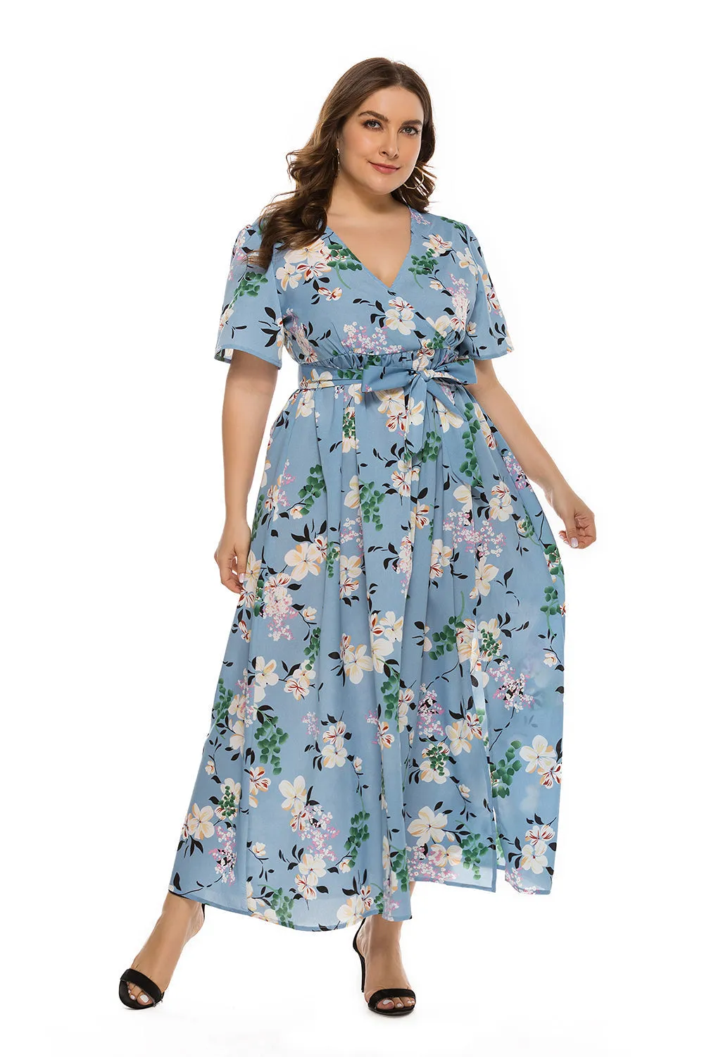 KittenAlarm - Plus size Bohemian V-neck split short sleeve dress