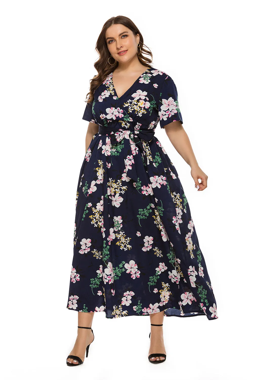 KittenAlarm - Plus size Bohemian V-neck split short sleeve dress