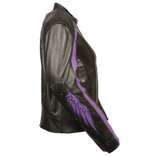 Ladies Black Leather Jacket with Purple Wing Detail 1952.08