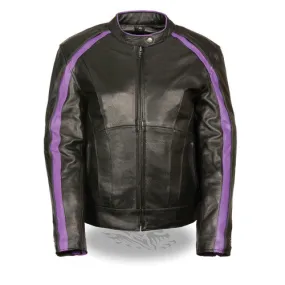 Ladies Black Leather Jacket with Purple Wing Detail 1952.08