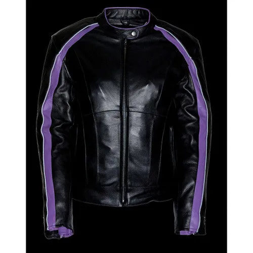 Ladies Black Leather Jacket with Purple Wing Detail 1952.08