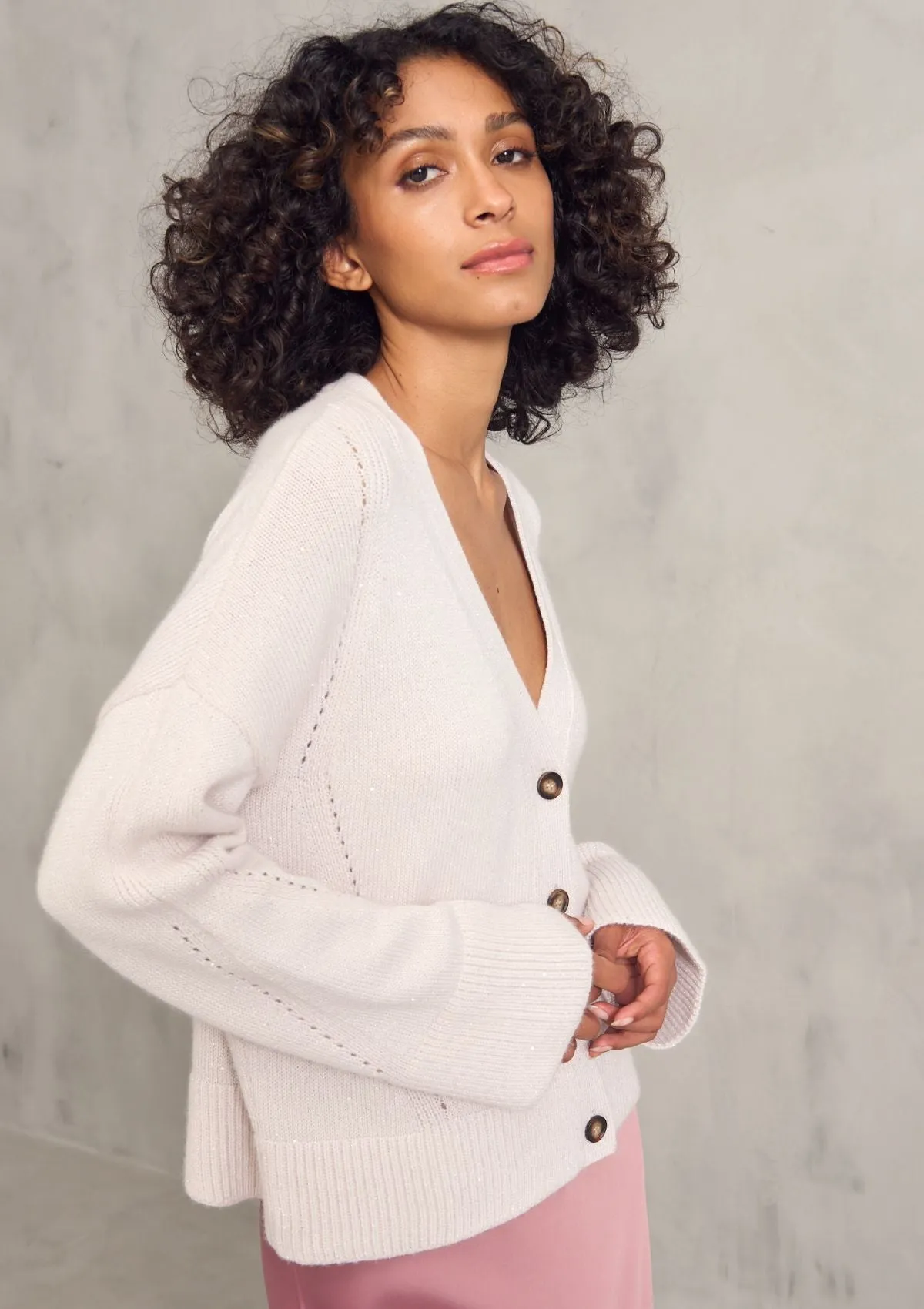 Lofty Cashmere Cardigan in Camelia Pink Sparkle